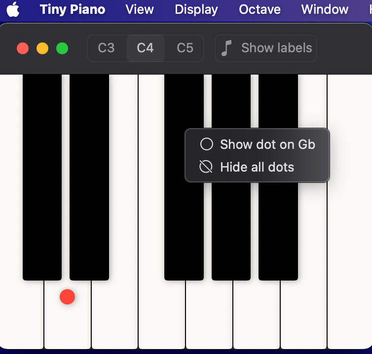 Tiny Piano showing red dots